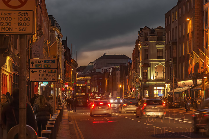 Dame street at night. Dublin City centre. Ireland.