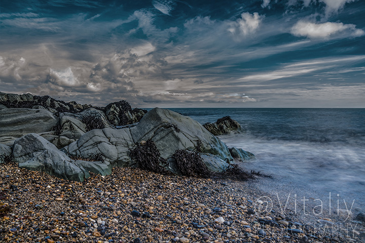 Seascape photo of the rocky shore of Irish Sea near Greystones.